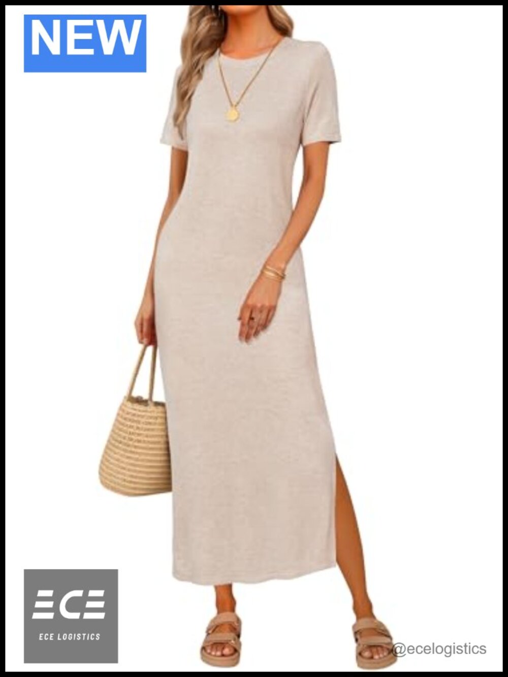 Wool Blend T Shirt Maxi Dress Short Sleeve Crew Neck Side Slit